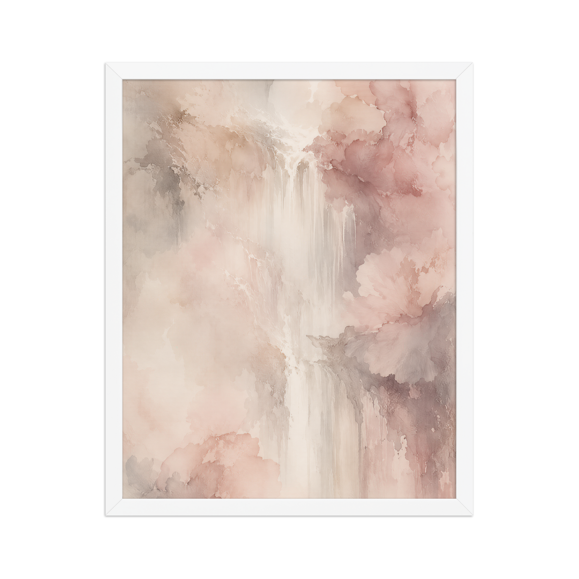 Framed waterfall-inspired poster featuring soft flowing forms in blush pink, warm neutrals, and muted earth tones.