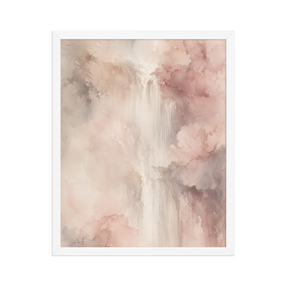 Framed waterfall-inspired poster featuring soft flowing forms in blush pink, warm neutrals, and muted earth tones.