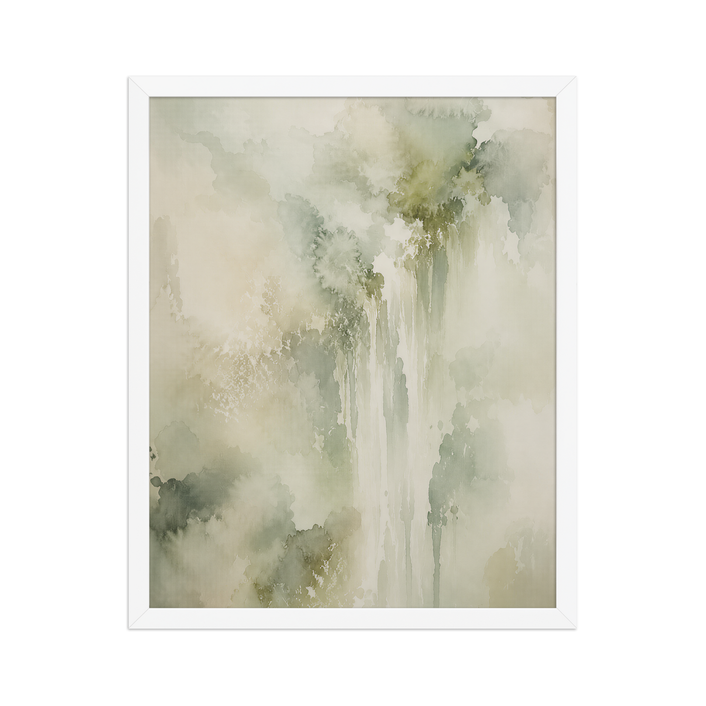 Framed waterfall-inspired poster featuring soft flowing forms in sage green, warm neutrals, and muted natural tones.