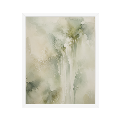 Framed waterfall-inspired poster featuring soft flowing forms in sage green, warm neutrals, and muted natural tones.
