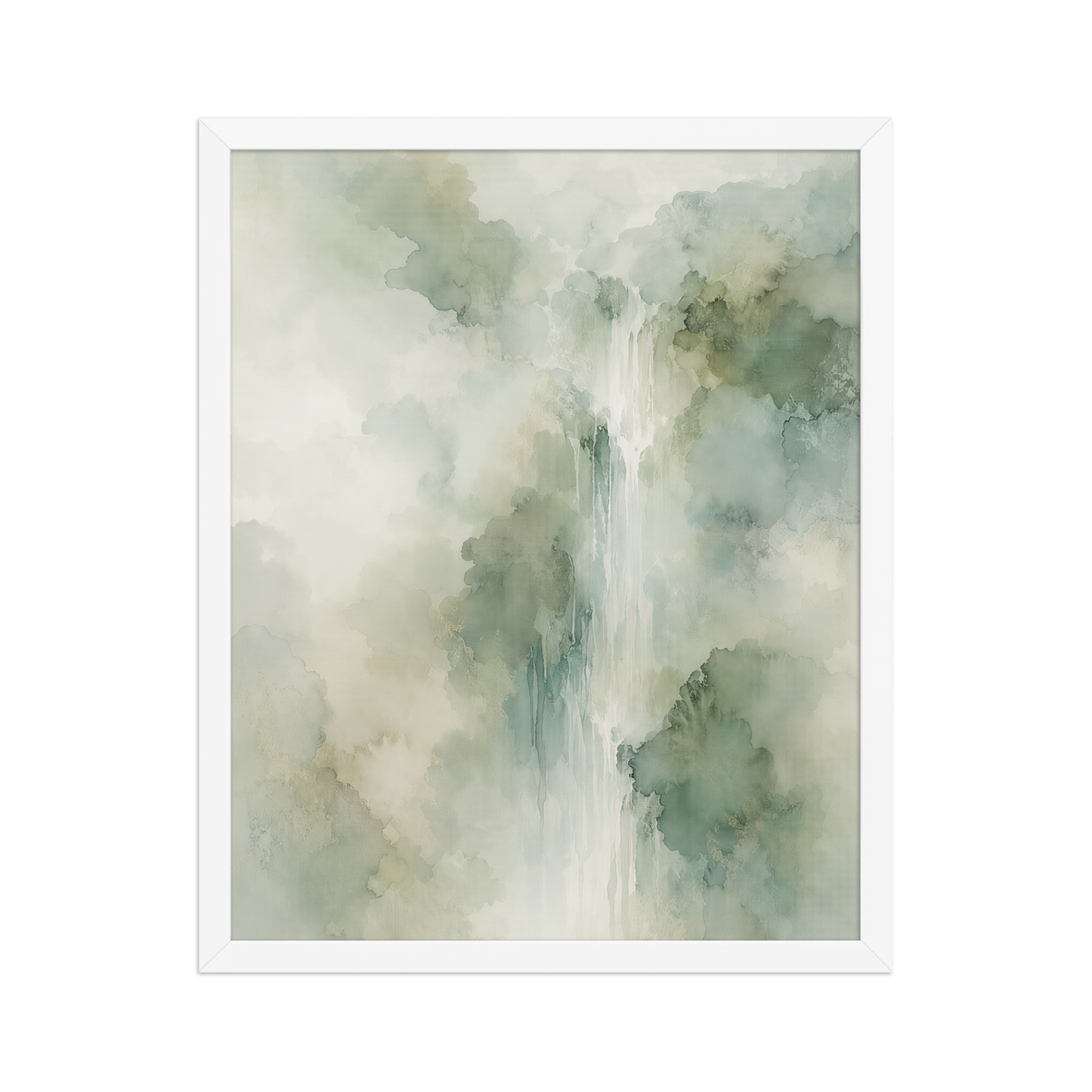 Framed waterfall-inspired poster with soft sage green tones, flowing water, and organic watercolor textures.
