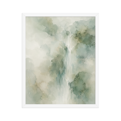 Framed waterfall-inspired poster with soft sage green tones, flowing water, and organic watercolor textures.