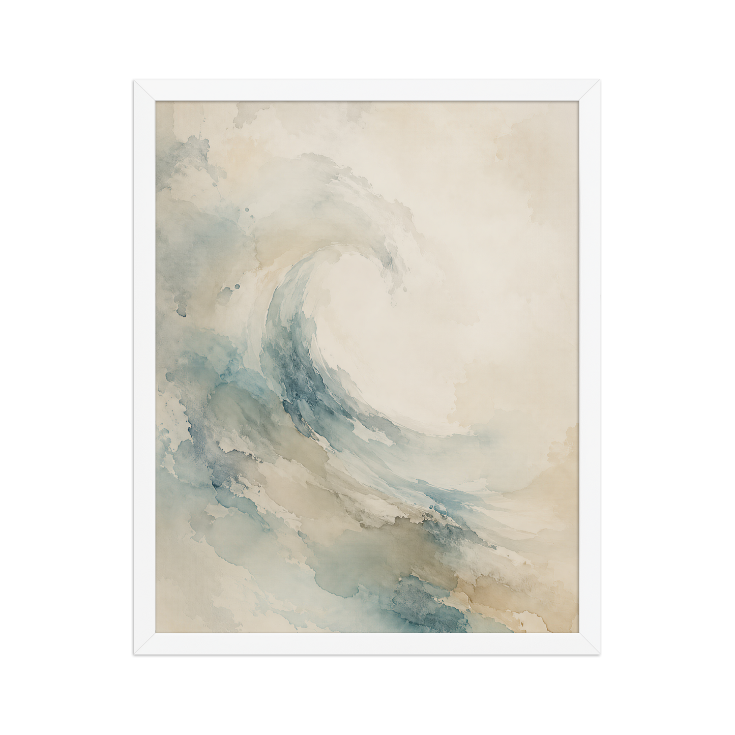 Framed ocean wave-inspired poster with flowing watercolor textures in soft blue, sand, and warm neutral tones.
