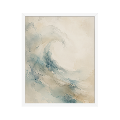 Framed ocean wave-inspired poster with flowing watercolor textures in soft blue, sand, and warm neutral tones.