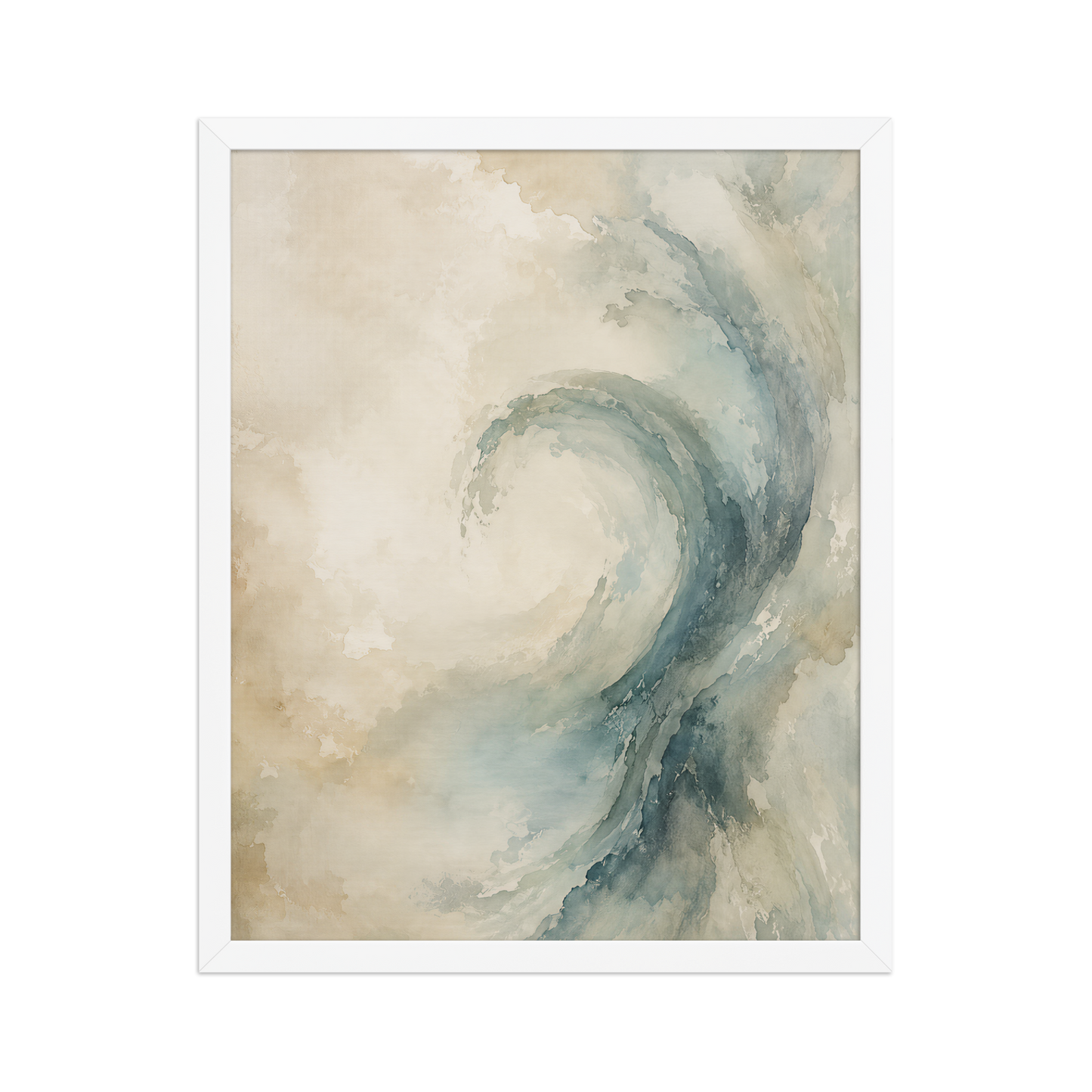 Framed ocean wave-inspired poster with flowing watercolor textures in soft blue, ivory, and warm neutral tones.