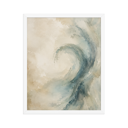Framed ocean wave-inspired poster with flowing watercolor textures in soft blue, ivory, and warm neutral tones.