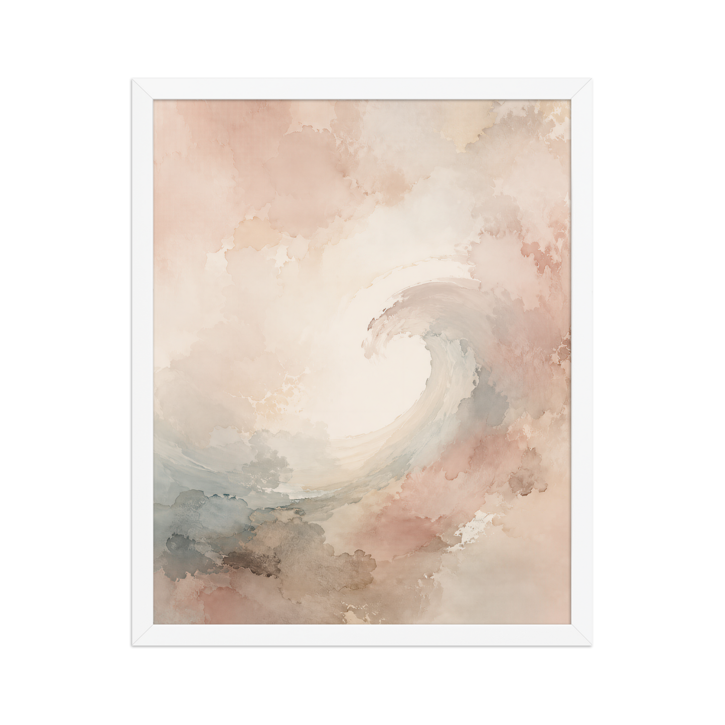 Framed ocean wave-inspired poster with flowing watercolor textures in blush, soft blue, and warm neutral tones.