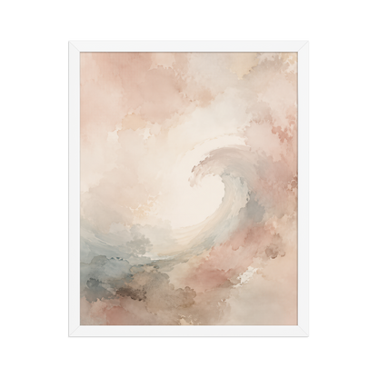 Framed ocean wave-inspired poster with flowing watercolor textures in blush, soft blue, and warm neutral tones.