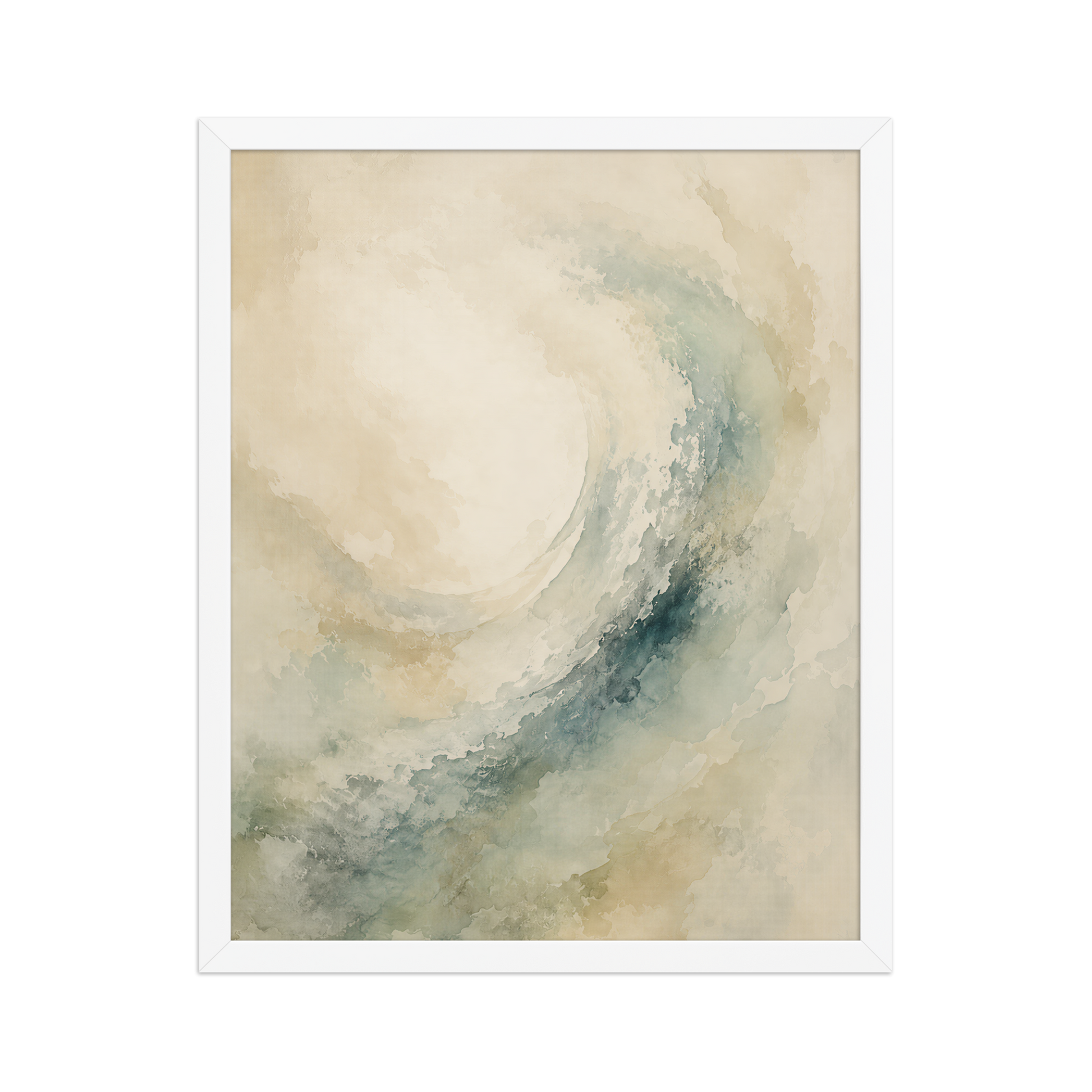 Framed ocean wave-inspired poster with flowing watercolor textures in soft blue, sage, and warm neutral tones.