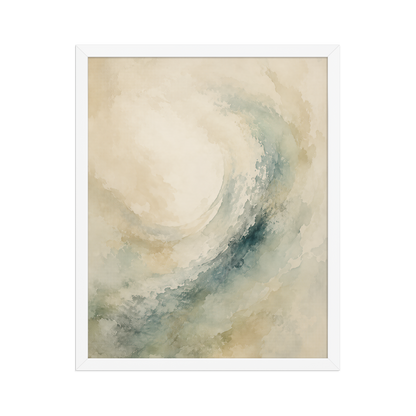 Framed ocean wave-inspired poster with flowing watercolor textures in soft blue, sage, and warm neutral tones.