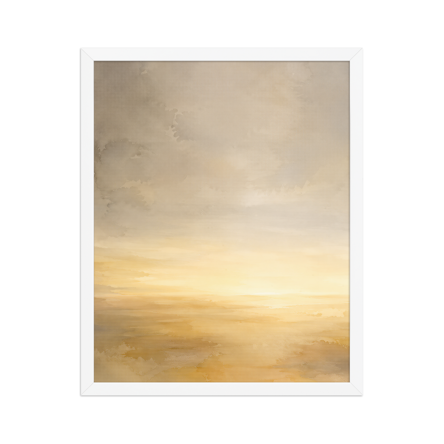 Framed sunrise poster featuring a glowing ocean horizon with soft watercolor textures in warm gold, ivory, and neutral tones.