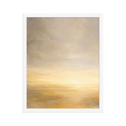 Framed sunrise poster featuring a glowing ocean horizon with soft watercolor textures in warm gold, ivory, and neutral tones.