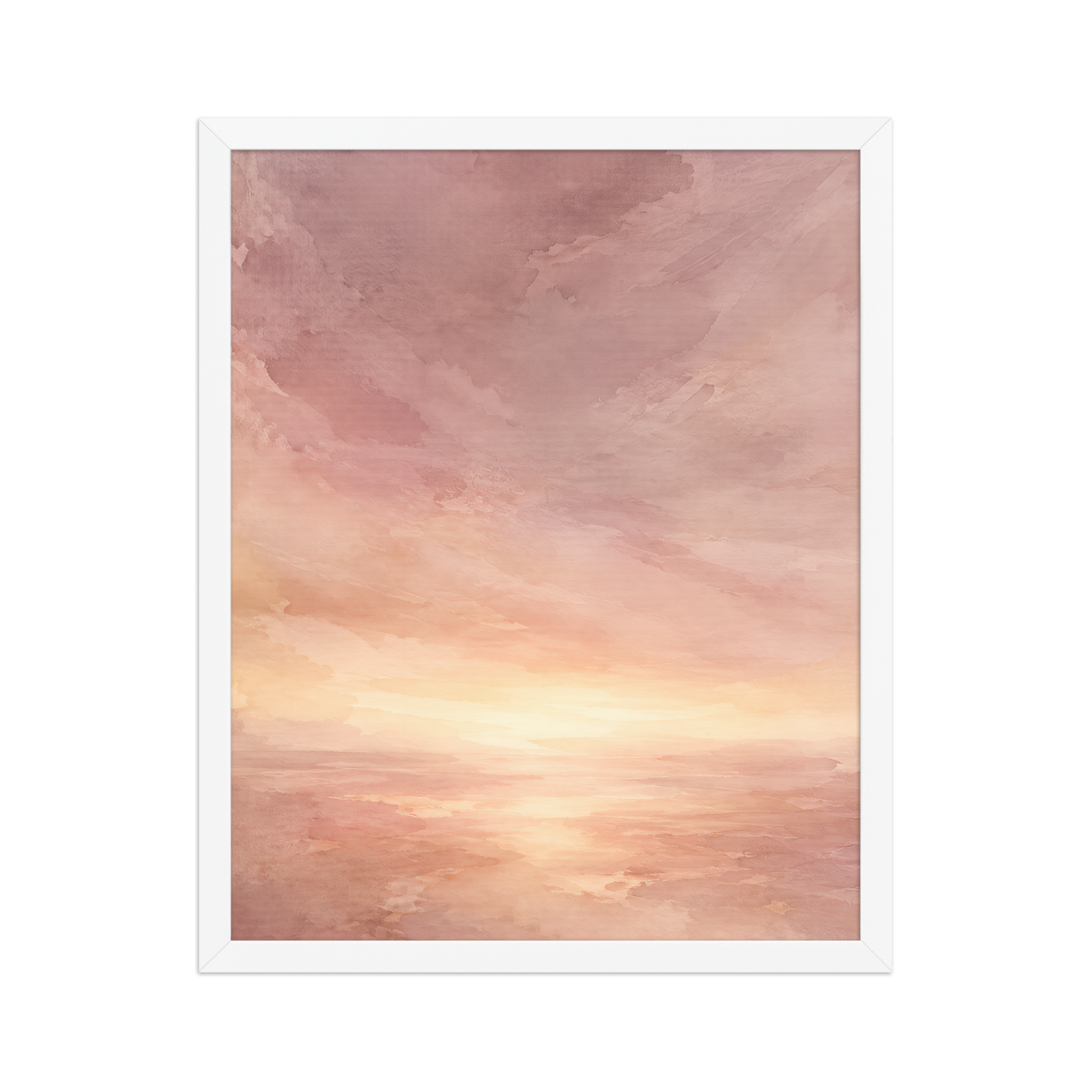 Framed sunrise poster with a glowing blush ocean horizon and soft watercolor textures in pink, peach, and warm neutral tones.