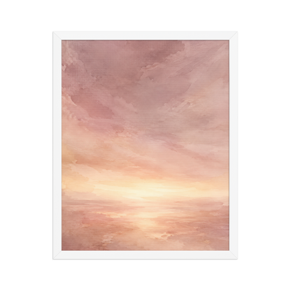 Framed sunrise poster with a glowing blush ocean horizon and soft watercolor textures in pink, peach, and warm neutral tones.
