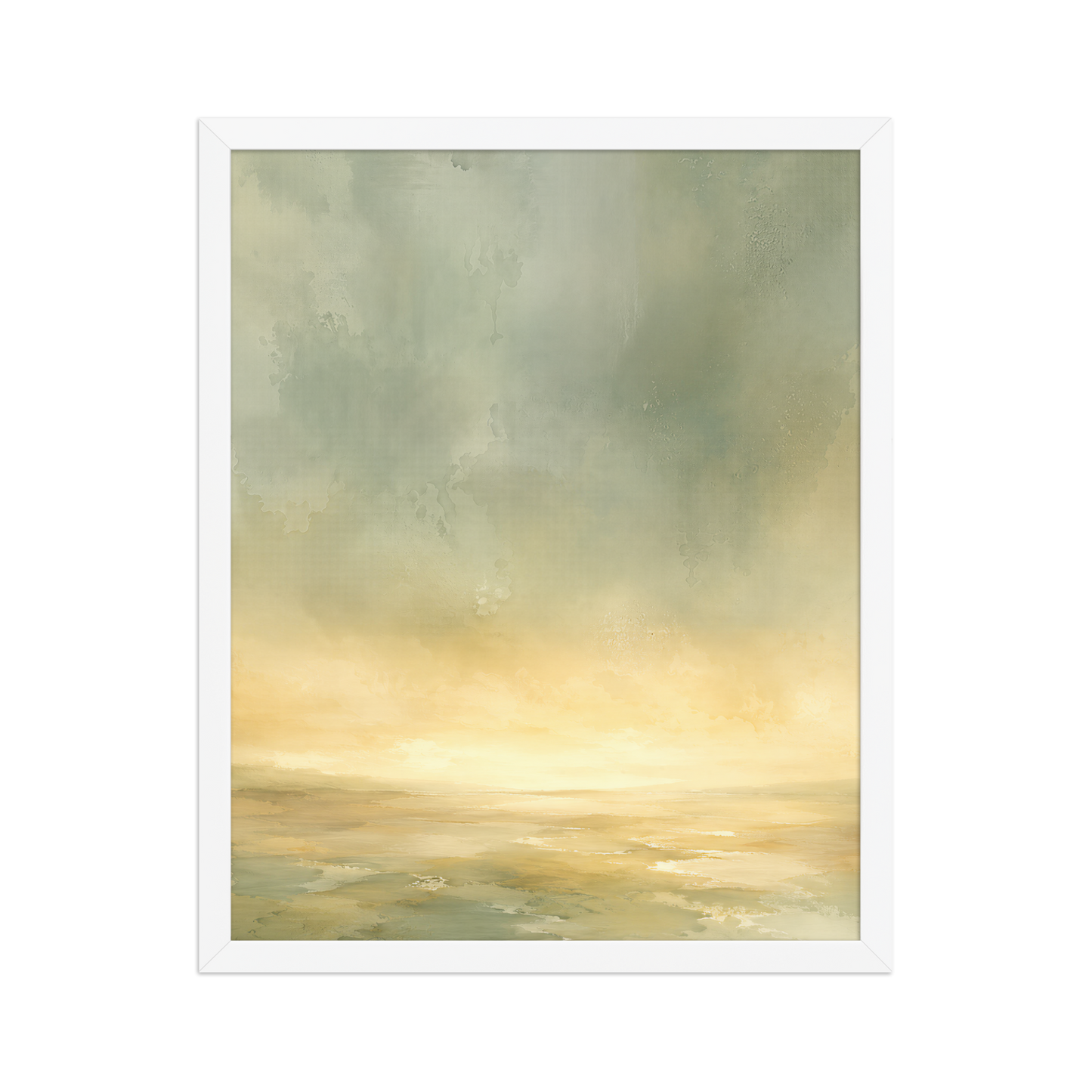 Framed sunrise poster featuring a glowing ocean horizon with soft sage green, warm gold, and watercolor textures.