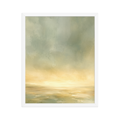 Framed sunrise poster featuring a glowing ocean horizon with soft sage green, warm gold, and watercolor textures.