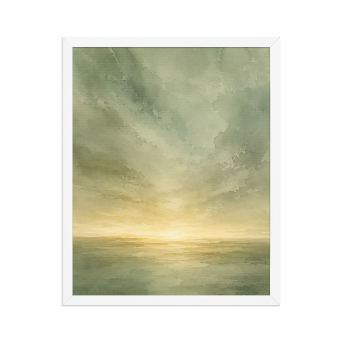 Framed sunrise poster featuring a glowing ocean horizon with soft sage green watercolor textures and warm golden light.