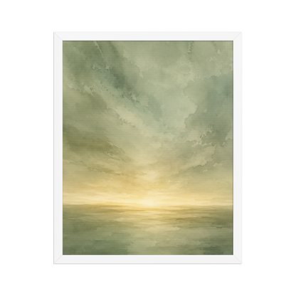 Framed sunrise poster featuring a glowing ocean horizon with soft sage green watercolor textures and warm golden light.