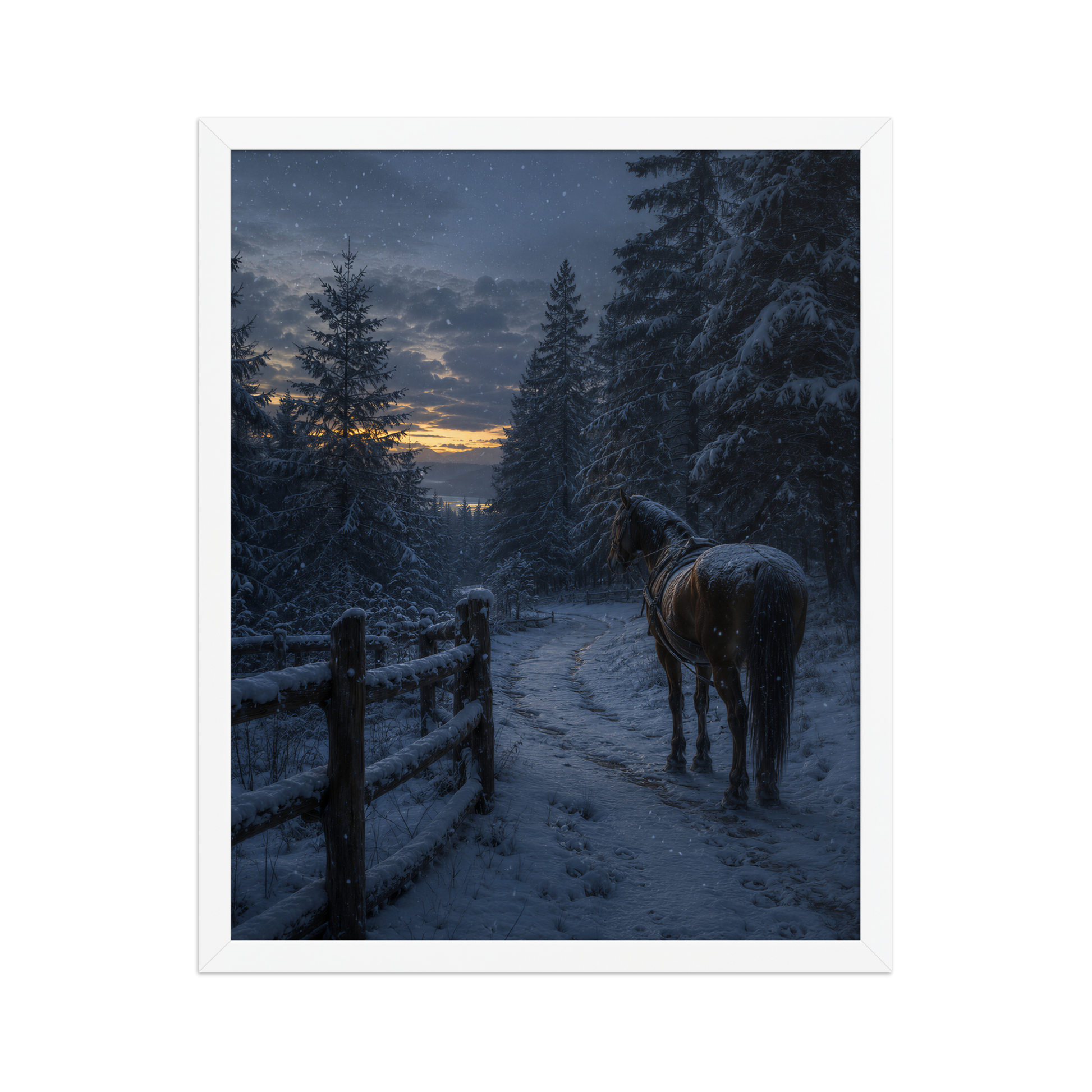 Framed winter forest poster featuring a lone horse on a snowy woodland path at twilight, inspired by Robert Frost's Miles to go, original Visual Poetry artwork.