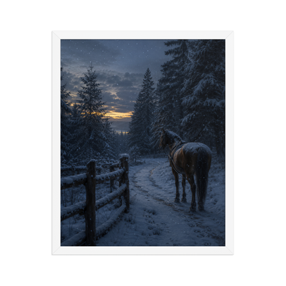 Framed winter forest poster featuring a lone horse on a snowy woodland path at twilight, inspired by Robert Frost's Miles to go, original Visual Poetry artwork.