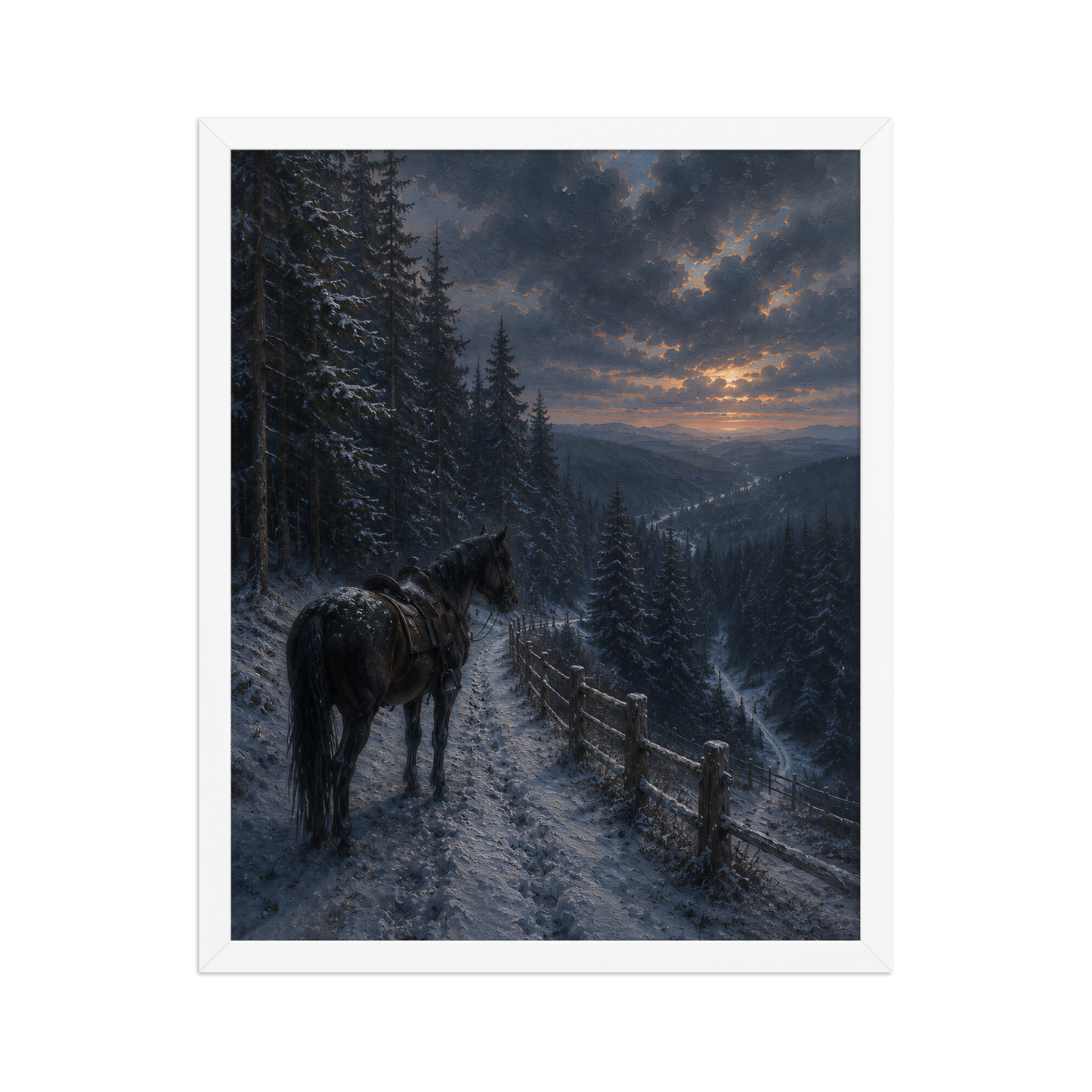 Framed mountain trail poster featuring a lone horse overlooking a snowy valley at winter sunset, inspired by Robert Frost's The Road Not Taken, original Visual Poetry artwork.