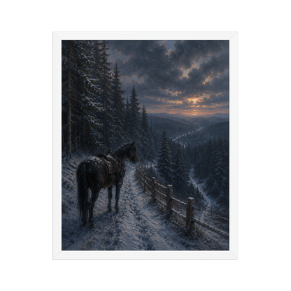 Framed mountain trail poster featuring a lone horse overlooking a snowy valley at winter sunset, inspired by Robert Frost's The Road Not Taken, original Visual Poetry artwork.