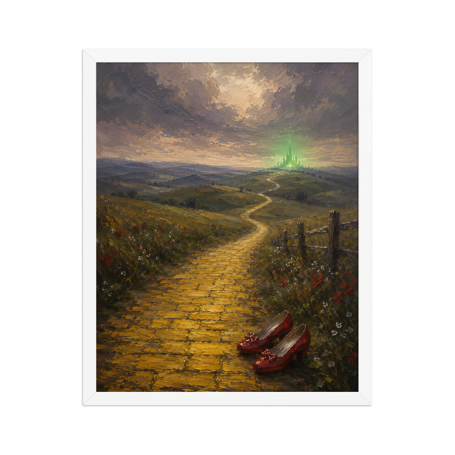 Framed Yellow Brick Road poster featuring ruby slippers beside a winding golden path leading toward a distant emerald city, inspired by There's No Place Like Home, original Visual Poetry artwork.