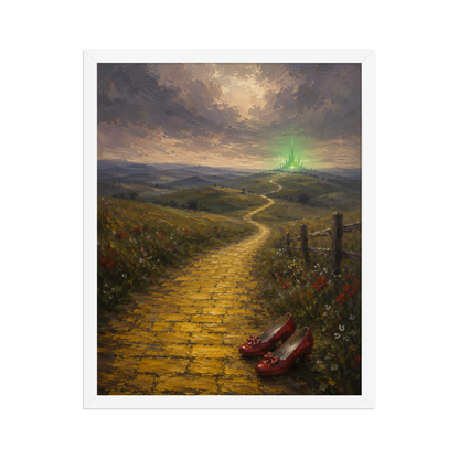 Framed Yellow Brick Road poster featuring ruby slippers beside a winding golden path leading toward a distant emerald city, inspired by There's No Place Like Home, original Visual Poetry artwork.
