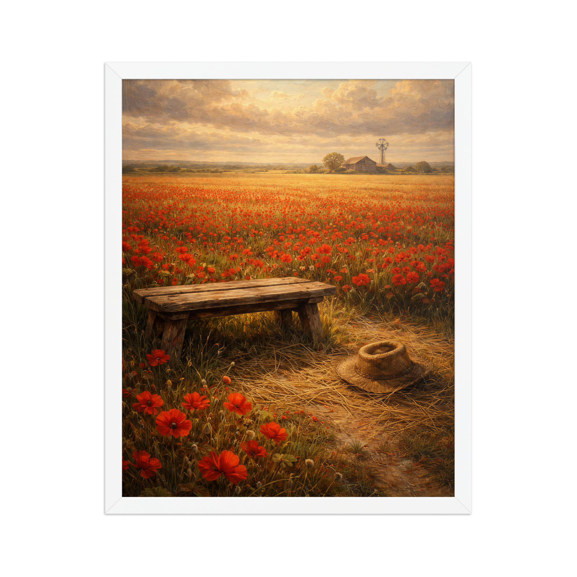 Framed Poppy Field poster featuring a rustic bench, straw hat, and a vast field of red poppies beneath a glowing countryside sky, inspired by The Deadly Poppy Field, original Visual Poetry artwork.