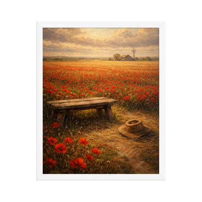 Framed Poppy Field poster featuring a rustic bench, straw hat, and a vast field of red poppies beneath a glowing countryside sky, inspired by The Deadly Poppy Field, original Visual Poetry artwork.