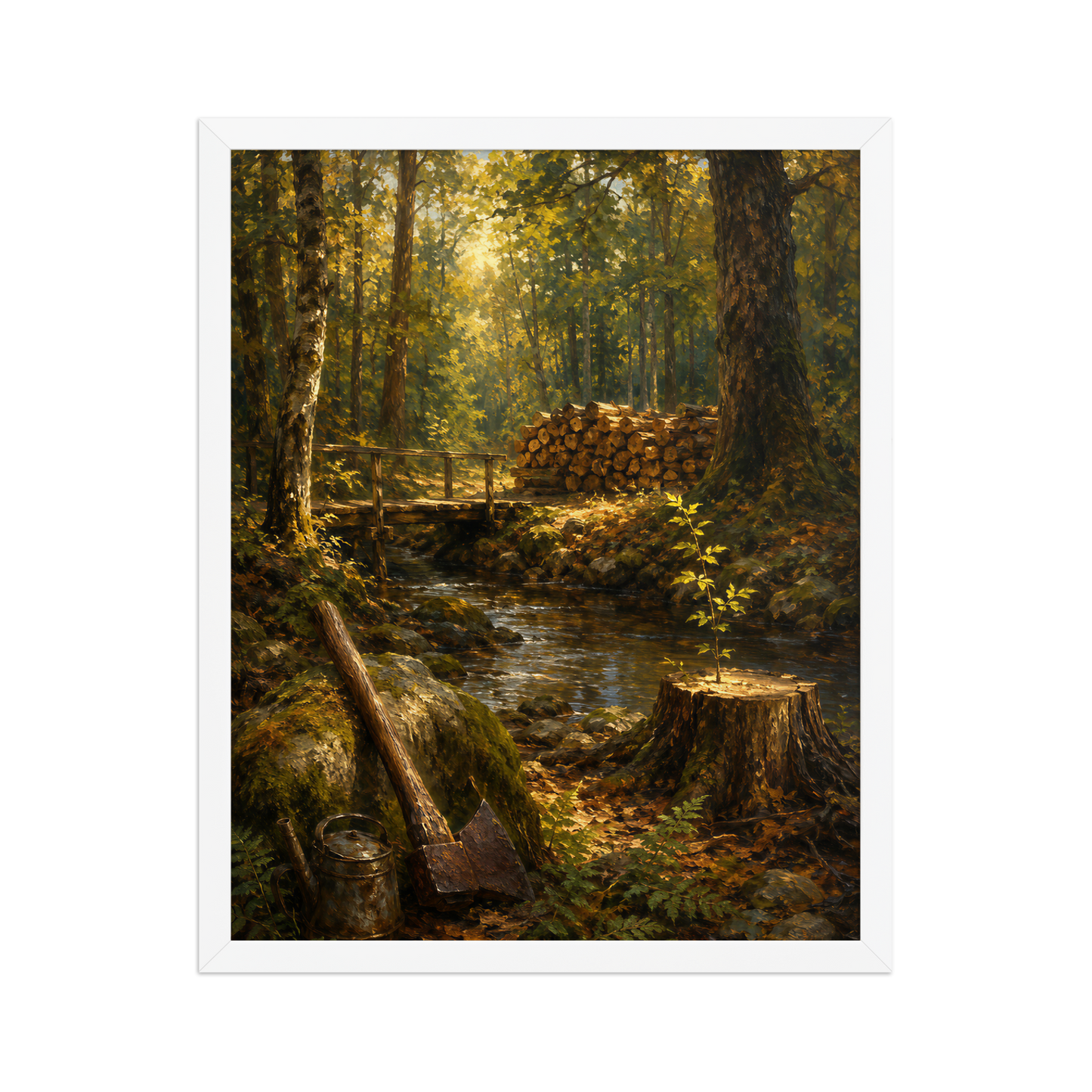 Framed Forest Clearing poster featuring a woodland stream, rustic bridge, axe, stacked firewood, and a young sapling growing from a tree stump, inspired by Follow the Yellow Brick Road, original Visual Poetry artwork.