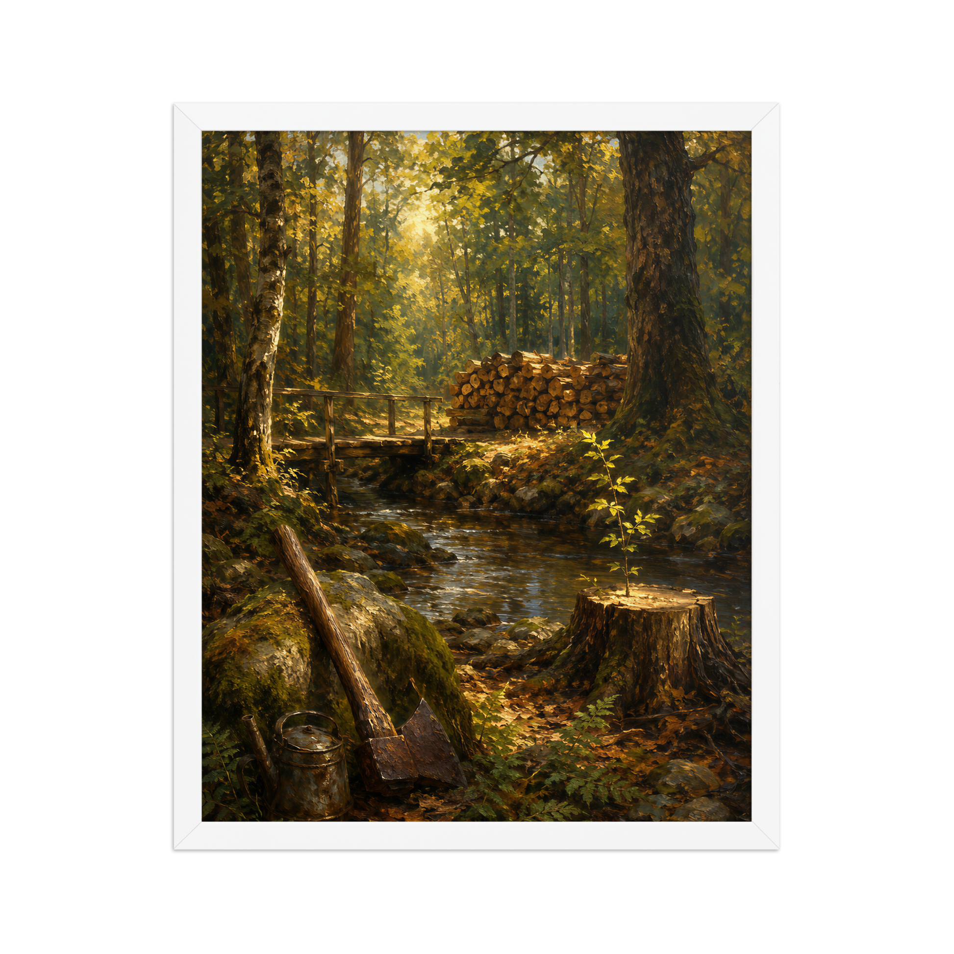 Framed Forest Clearing poster featuring a woodland stream, rustic bridge, axe, stacked firewood, and a young sapling growing from a tree stump, inspired by Follow the Yellow Brick Road, original Visual Poetry artwork.