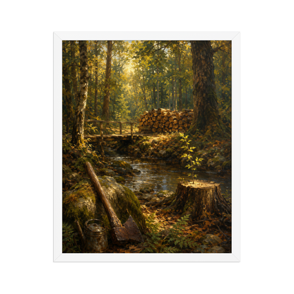 Framed Forest Clearing poster featuring a woodland stream, rustic bridge, axe, stacked firewood, and a young sapling growing from a tree stump, inspired by Follow the Yellow Brick Road, original Visual Poetry artwork.