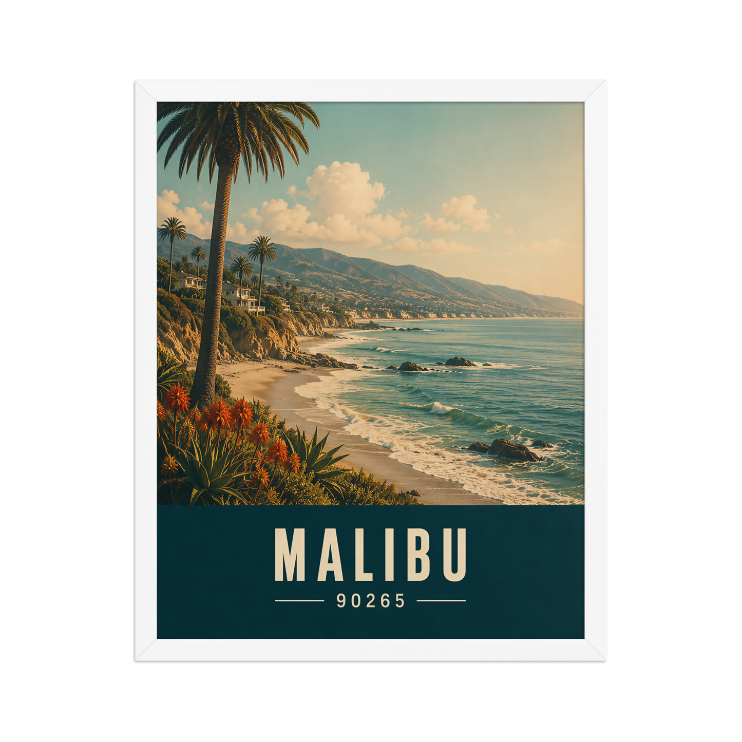 Framed Malibu California retro travel poster with 90265 zip code, coastal beach wall art