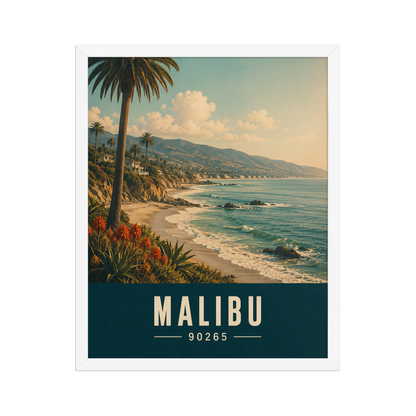 Framed Malibu California retro travel poster with 90265 zip code, coastal beach wall art