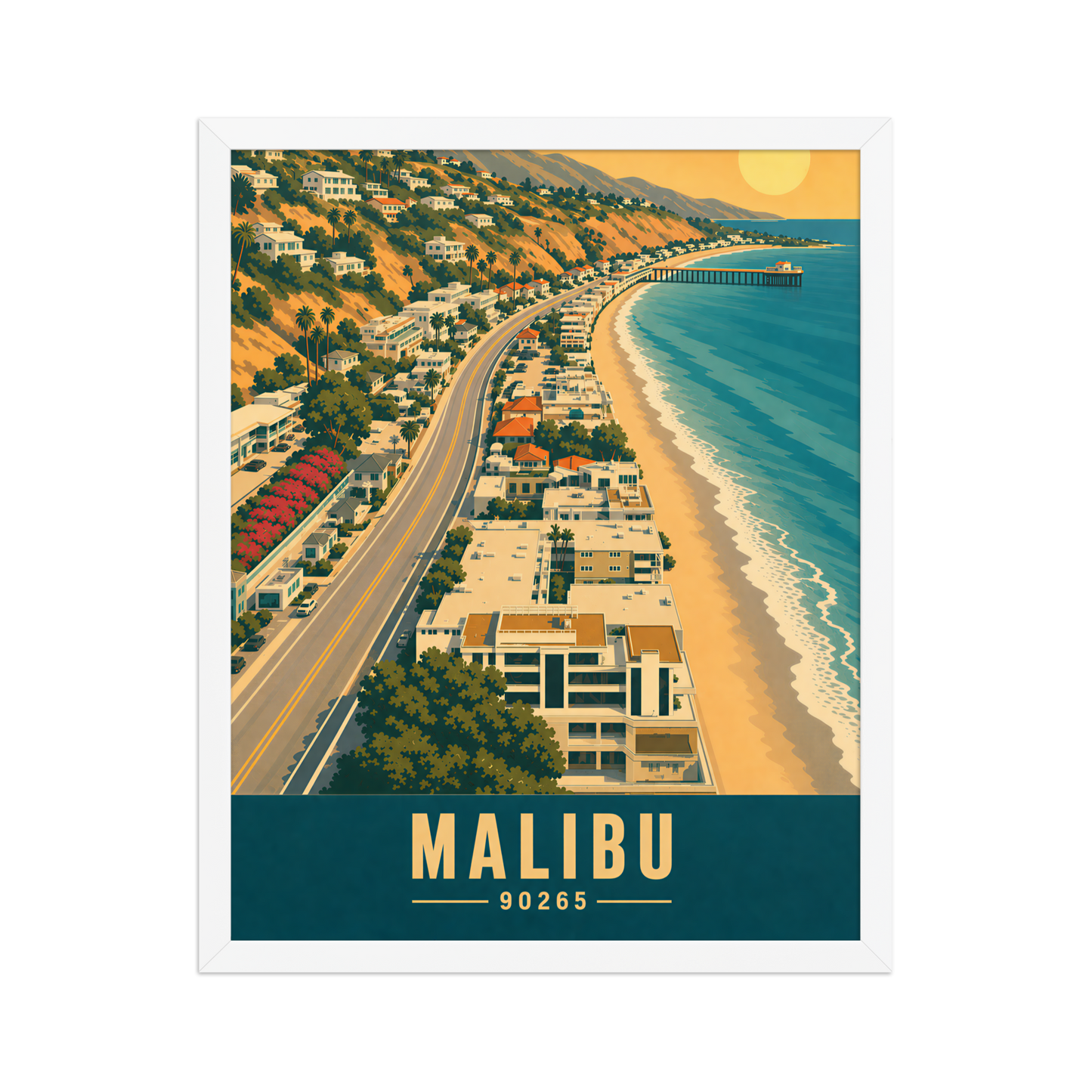 Framed aerial Malibu Pacific Coast Highway poster with 90265 zip code
