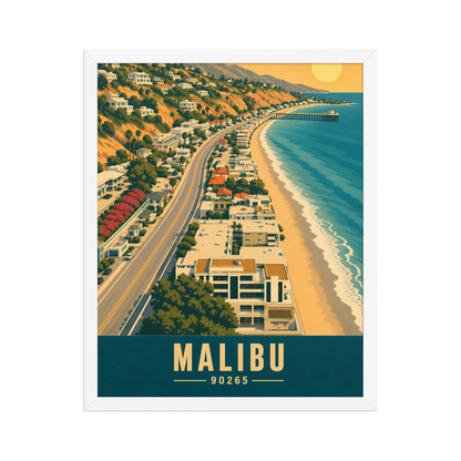 Framed aerial Malibu Pacific Coast Highway poster with 90265 zip code