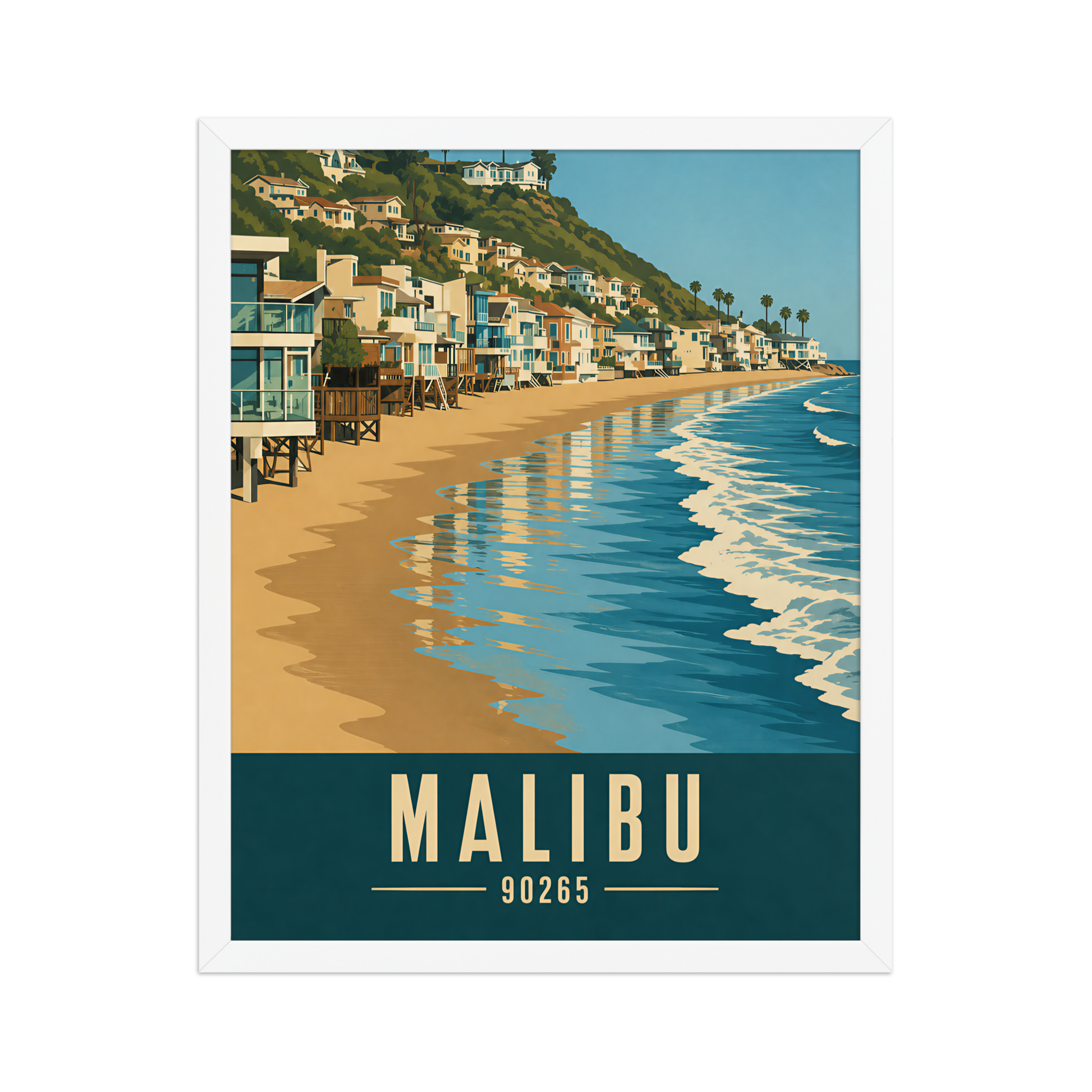 Framed Malibu beach house coastal poster with 90265 zip code