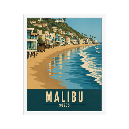 Framed Malibu beach house coastal poster with 90265 zip code