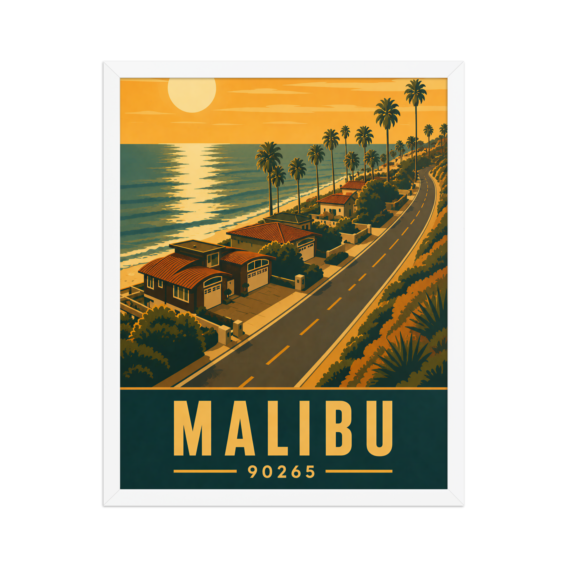Framed Malibu palm-lined sunset coastal road poster with 90265 zip code