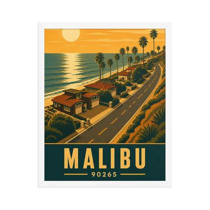 Framed Malibu palm-lined sunset coastal road poster with 90265 zip code