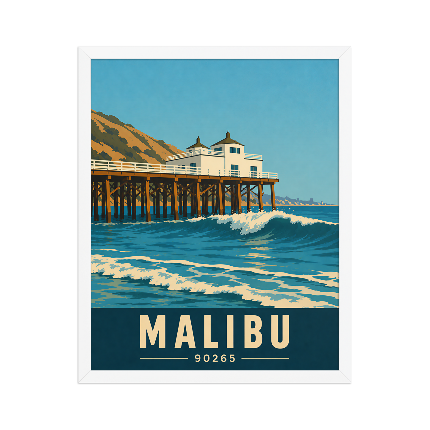 Framed Malibu oceanfront pier and waves poster with 90265 zip code