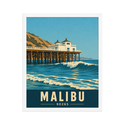 Framed Malibu oceanfront pier and waves poster with 90265 zip code