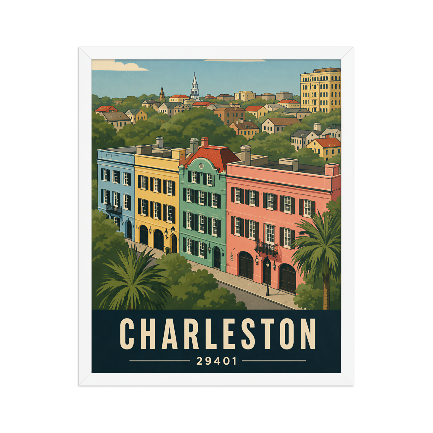 Framed Rainbow Row Charleston historic homes poster with 29401 zip code