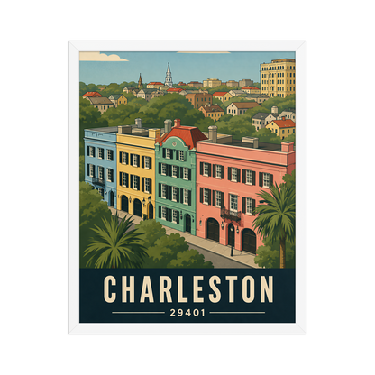 Framed Rainbow Row Charleston historic homes poster with 29401 zip code
