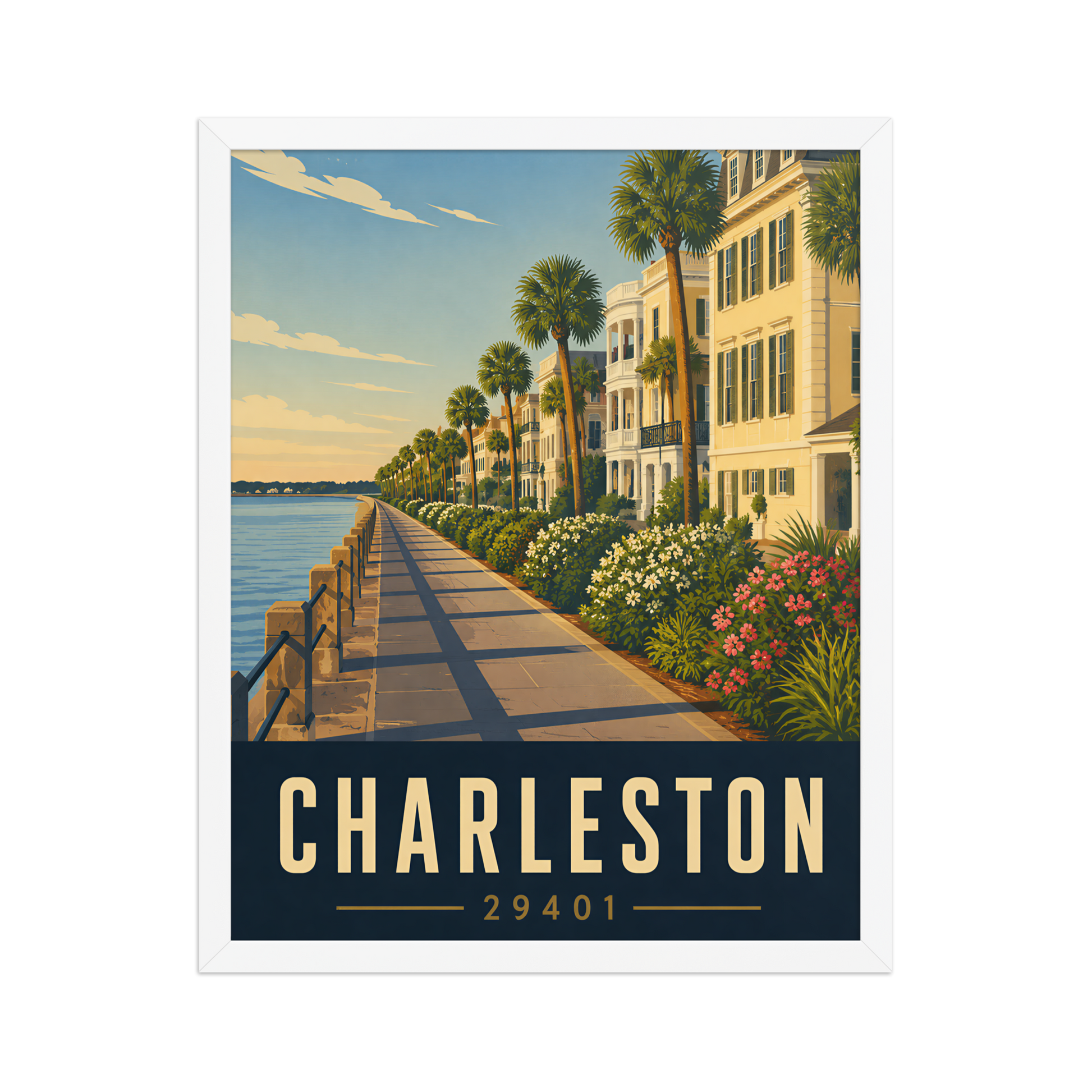 Framed Charleston The Battery waterfront poster with 29401 zip code
