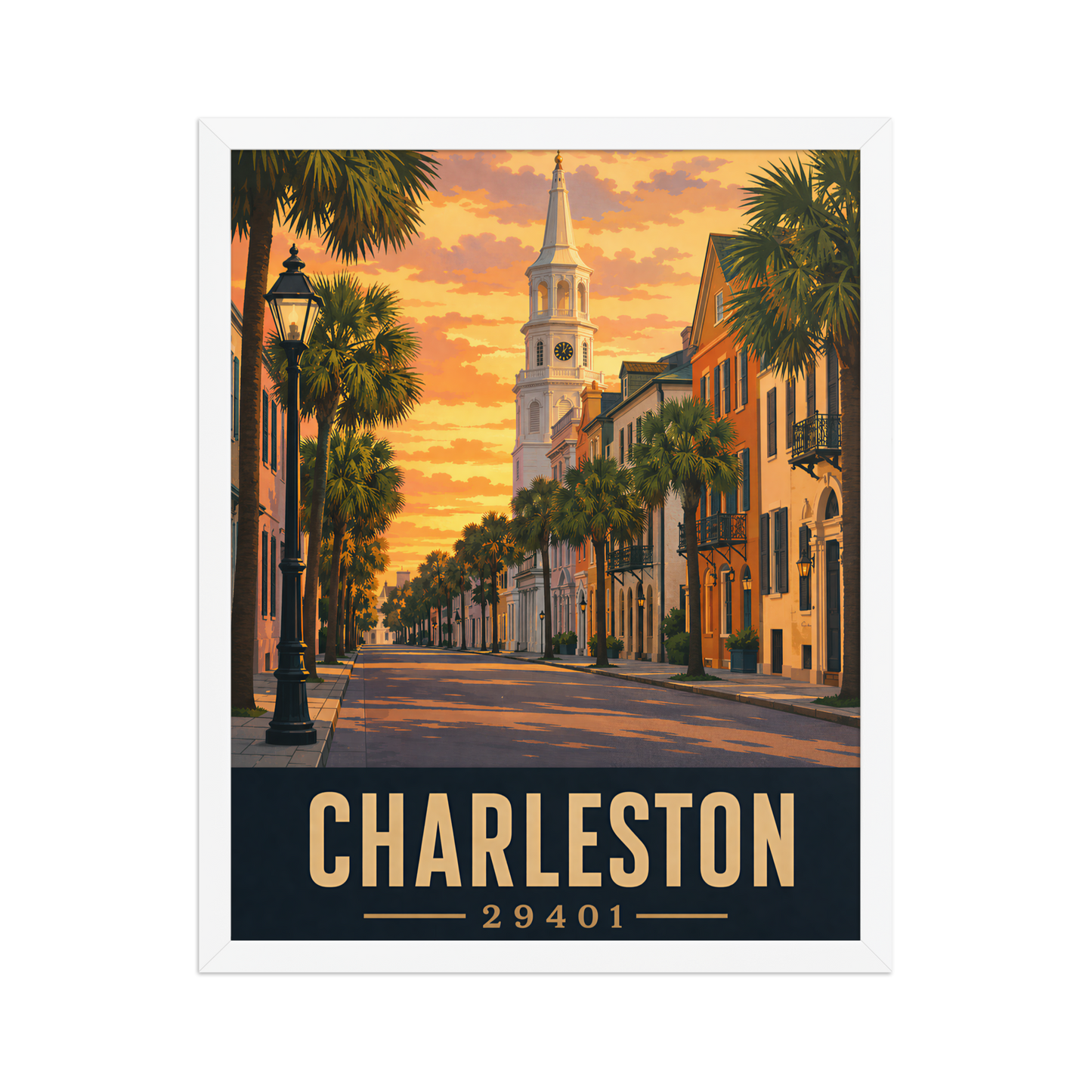 Framed Charleston church steeple sunset poster with 29401 zip code