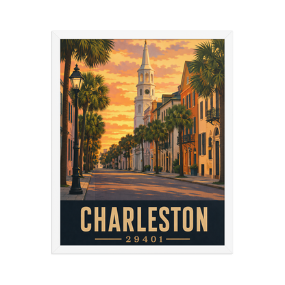 Framed Charleston church steeple sunset poster with 29401 zip code