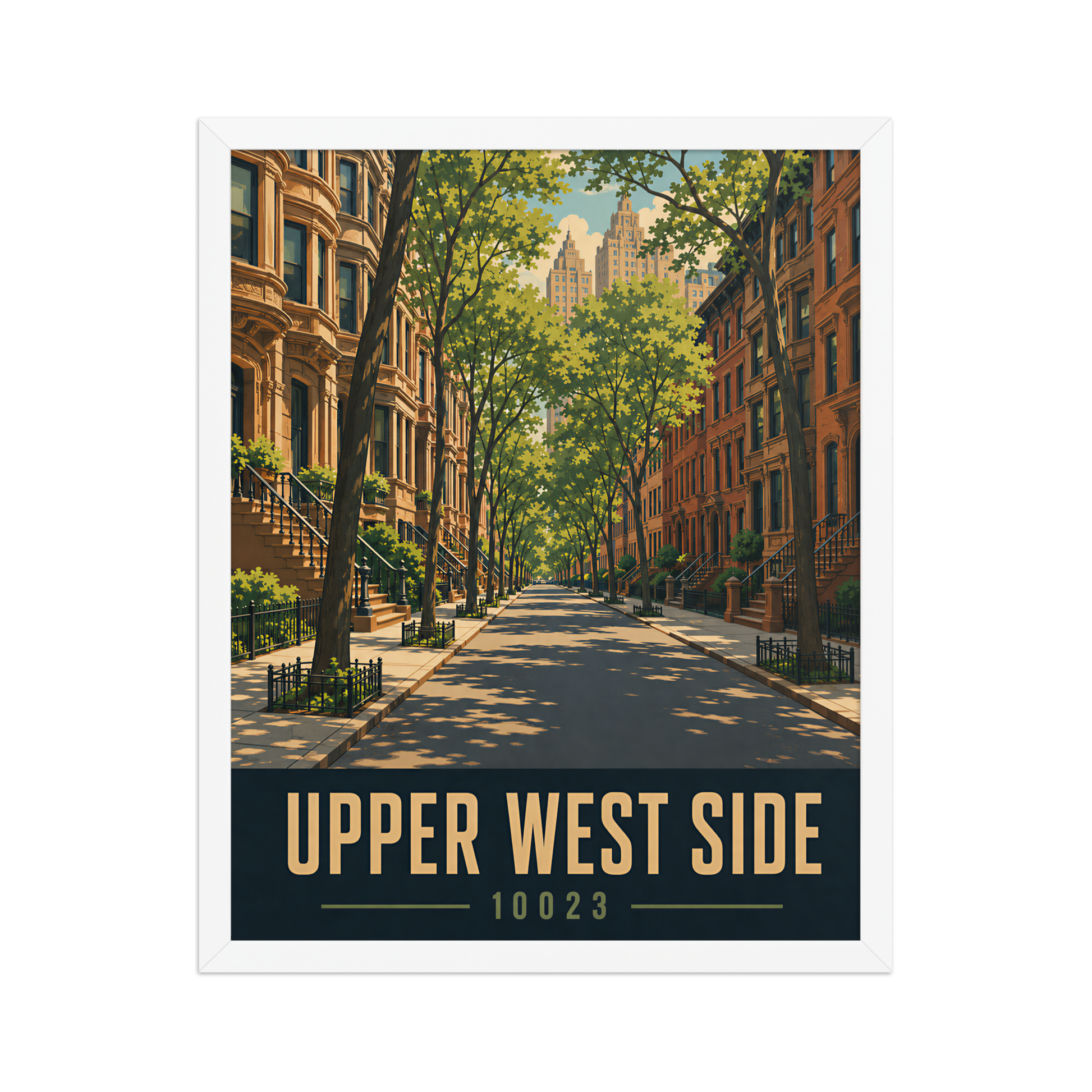 Framed Upper West Side brownstone street poster with 10023 zip code
