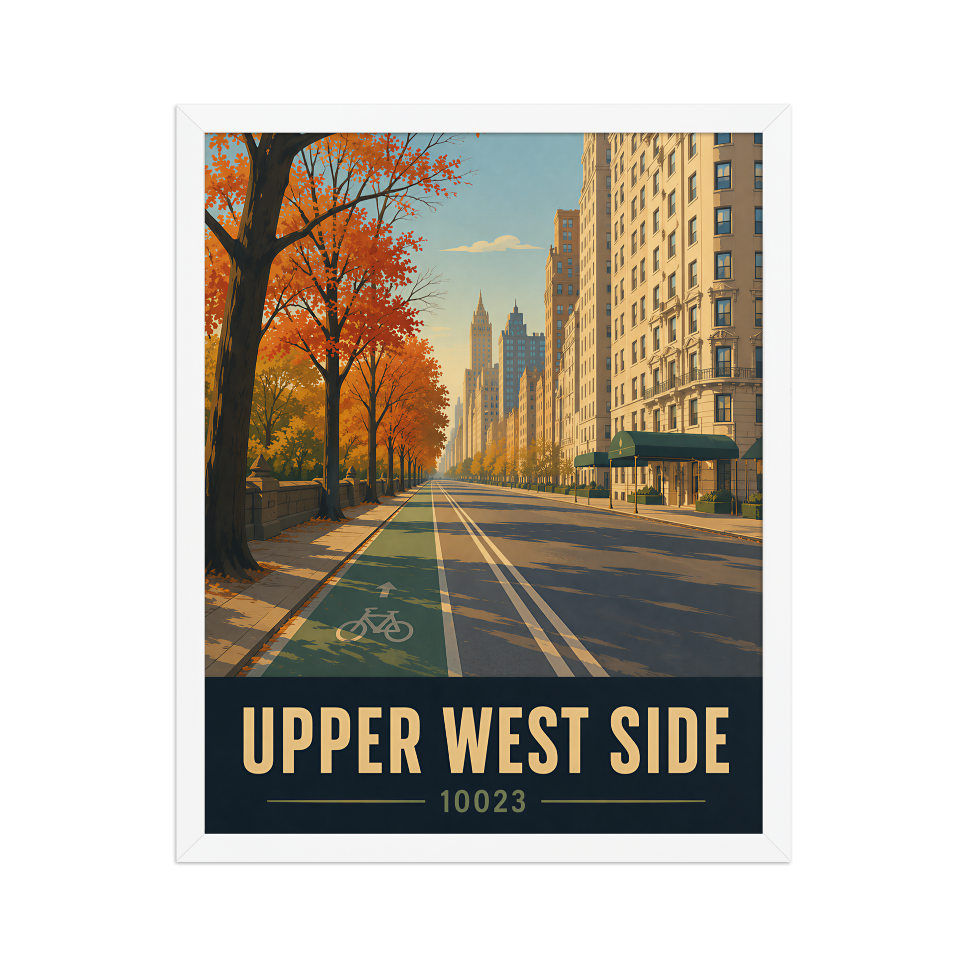 Framed Central Park West autumn poster with 10023 zip code